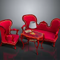 Ornate Red Sofa And Coffee Table Set With Armchair Table Lamp And Decorative Details