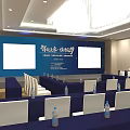 Spacious Conference Room with Arranged White Chair Covers Blue Backdrop and Large Screens