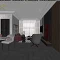 Elegant Modern Living Dining Room Interior With Red Sofa Dining Table And Decorative Painting
