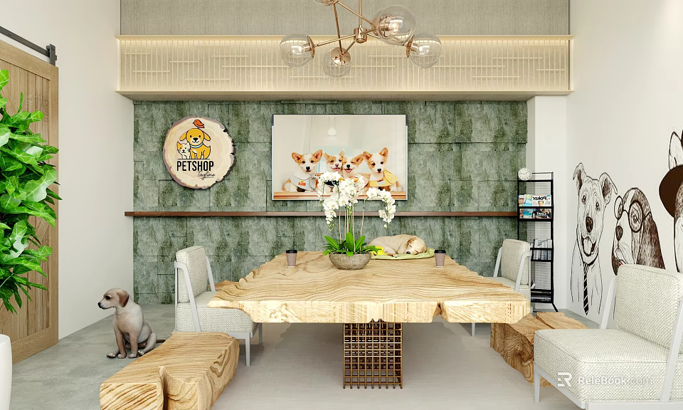 Pet Themed Cafe Interior With Wooden Table Green Wallpaper And Dog Decorations 3d model 