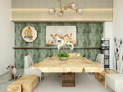 Pet Themed Cafe Interior With Wooden Table Green Wallpaper And Dog Decorations 3d model