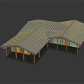 Modern Architectural Structure Featuring Geometric Sloped Metal Roofs And Wooden Columns Design