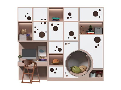 Kids Bookshelf With Black Dot Design Multiple Compartments Round Opening Toys Books And Small Desk 3d model