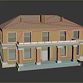 Two Story Yellow Building Model With Red Tiled Roof Balcony Porch Columns And Windows