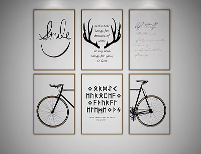 Artistic Minimalist Decorative Prints With Smile Typography Deer Antlers And Bicycle Illustrations 3d model