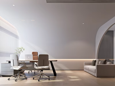 Modern Office Design With Curved Open Layout White Walls Gray Sofa Desk And Green Plant 3d model