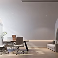 Modern Office Design With Curved Open Layout White Walls Gray Sofa Desk And Green Plant