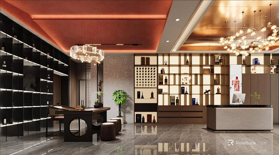 Elegant Liquor Store Interior With Wooden Wine Racks And Chandelier Decorations 3d model 