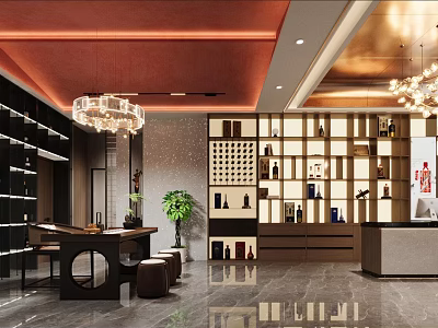 Elegant Liquor Store Interior With Wooden Wine Racks And Chandelier Decorations 3d model