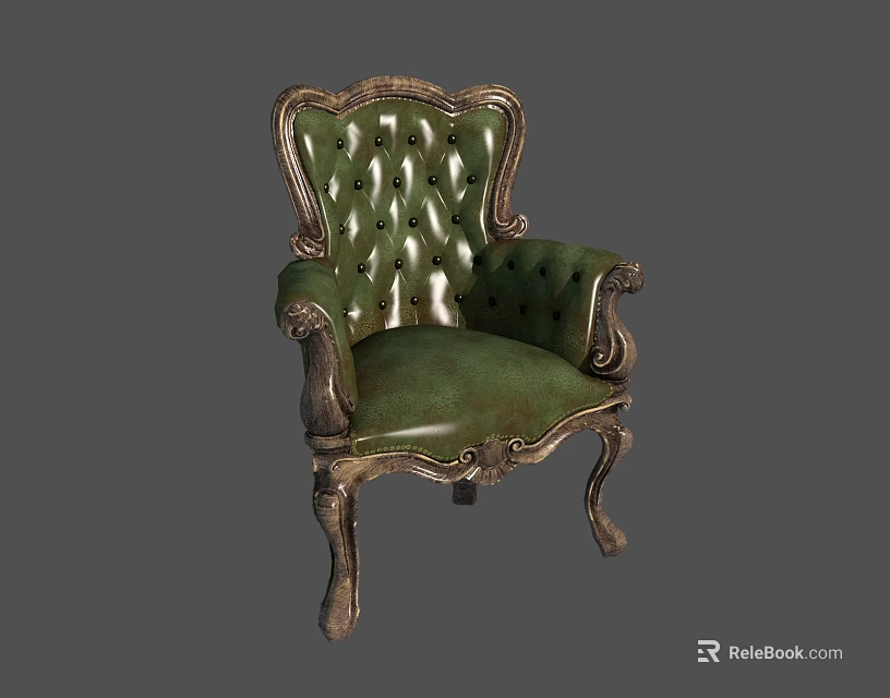 Classic Green Leather Single Sofa with Carved Wooden Arms and Tufted Backrest 3d model 