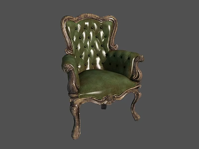 Classic Green Leather Single Sofa with Carved Wooden Arms and Tufted Backrest 3d model