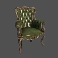 Classic Green Leather Single Sofa with Carved Wooden Arms and Tufted Backrest