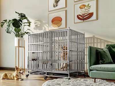 Sturdy Metal Pet Cage With Wheels Housing Dog In Cozy Living Room 3d model