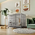 Sturdy Metal Pet Cage With Wheels Housing Dog In Cozy Living Room