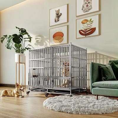 Sturdy Metal Pet Cage With Wheels Housing Dog In Cozy Living Room 3d model