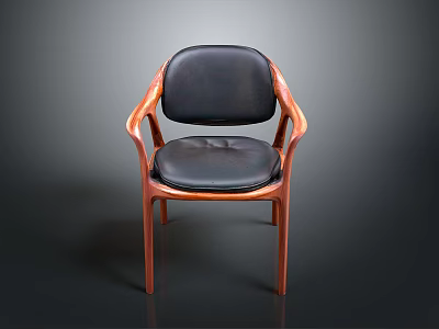 Curved Wooden Frame Chair With Black Leather Seat And Armrests Design 3d model