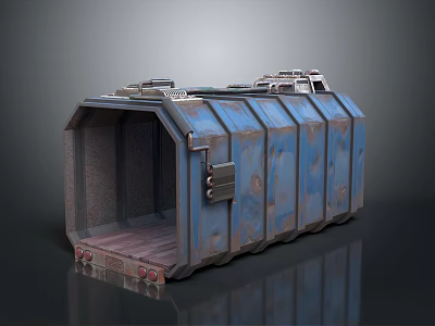 Rusty Blue Metal Storage Box With Door And Red Bottom Supports For Home Storage 3d model