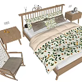 Wooden Frame Double Bed With Floral Print Bedspread And Matching Nightstand Rocking Chair