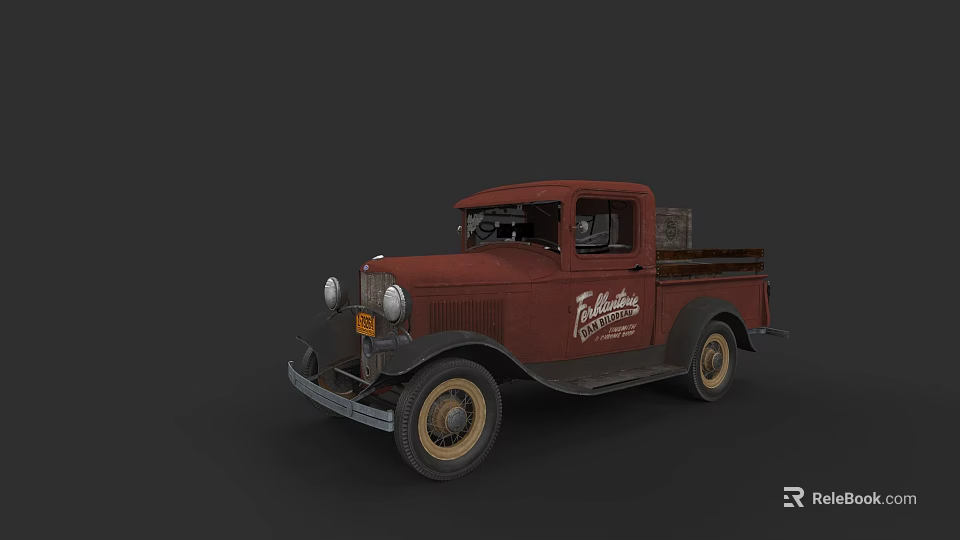 Vintage Red Pickup Truck With Fairbanks Logo Old Fashioned Front Design And Wooden Bed 3d model 