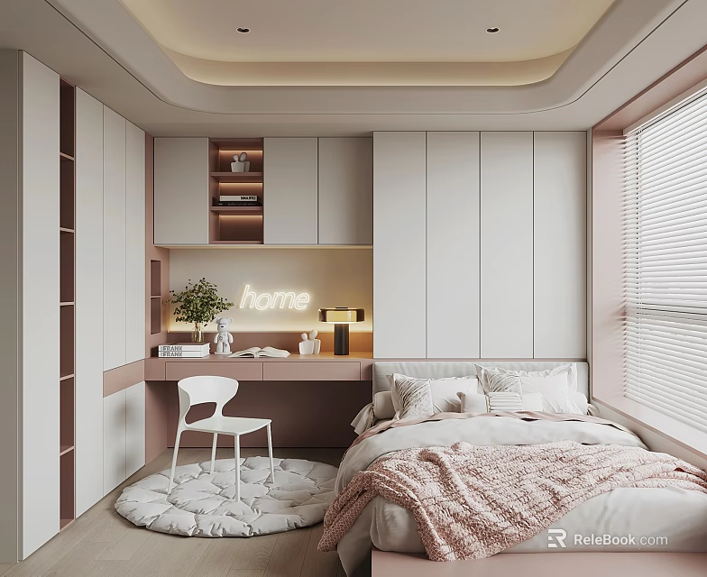 Modern Tatami Bedroom Interior With Tatami Bed Storage Cabinets Desk Chair And Plant 3d model 