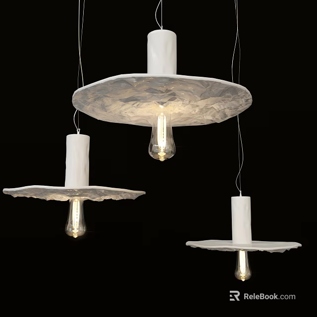 Modern Textured White Pendant Lights With Visible Bulbs Hanging In Black Background 3d model 