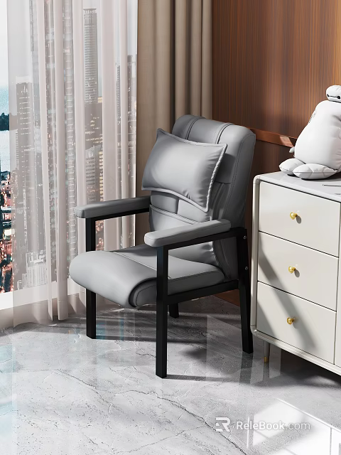 Gray Leather Single Chair With Black Metal Frame And White Drawer Cabinet 3d model 