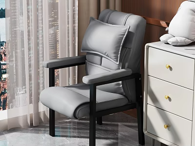Gray Leather Single Chair With Black Metal Frame And White Drawer Cabinet 3d model