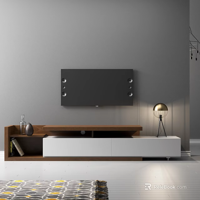Modern TV Stand With Wooden And White Design Under Wall Mounted TV And Table Lamp 3d model 