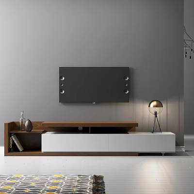 Modern TV Stand With Wooden And White Design Under Wall Mounted TV And Table Lamp 3d model