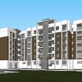 Modern Multi Story Residential Building Exterior With Balconies And Green Areas