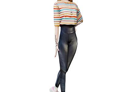 Woman in Colorful Striped Short Sleeve Top and High Waisted Black Leggings with Pink Sneakers 3d model