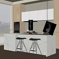 Modern Kitchen Bar Counter With Marble Top And Two Black Bar Stools 3d model