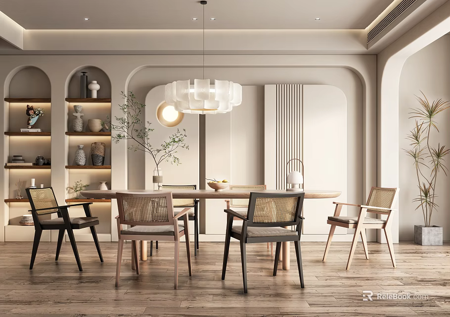 Elegant Restaurant Interior With Wooden Dining Table Arched Walls Pendant Light And Decorative Plants 3d model 