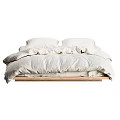 Minimalist Wooden Bed Frame With Linen Bedding Soft Pillows And Cozy Duvet