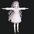 Woman With Long Pink Purple Gradient Hair In White Dress Arms Outstretched Black Background