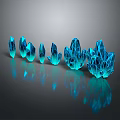 Blue Crystal Decorative Ornament Set with Various Sizes Unique Shapes on Dark Reflective Surface