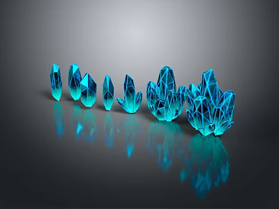 Blue Crystal Decorative Ornament Set with Various Sizes Unique Shapes on Dark Reflective Surface 3d model