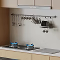 Modern Kitchen With Hanging Utensils Gas Stove Mugs And Plates