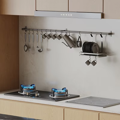 Modern Kitchen With Hanging Utensils Gas Stove Mugs And Plates 3d model