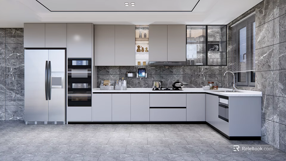 Modern Kitchen Interior Design With Island Counter White Cabinets And Appliances 3d model 