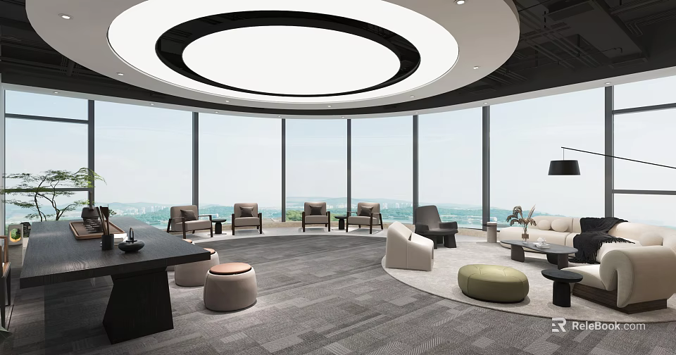 Spacious Modern Lounge Area With Panoramic Floor To Ceiling Windows And Comfortable Cozy Seating 3d model 