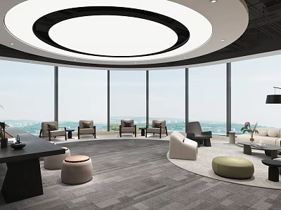 Spacious Modern Lounge Area With Panoramic Floor To Ceiling Windows And Comfortable Cozy Seating 3d model