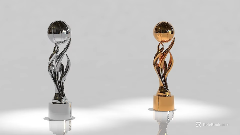 Silver and Gold Trophies with Spherical Top and Flame Design on Square Base 3d model 