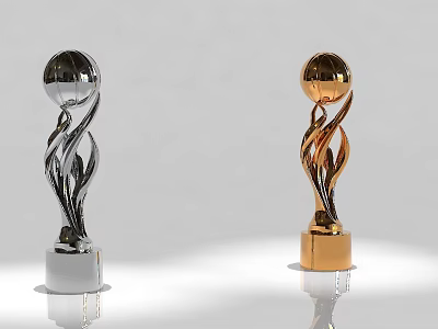 Silver and Gold Trophies with Spherical Top and Flame Design on Square Base 3d model