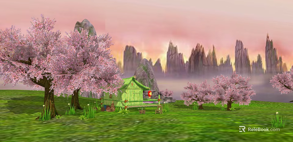 Scenic Landscape With Pink Cherry Blossom Trees Green Cottage And Mountain Peaks 3d model 