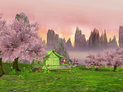Scenic Landscape With Pink Cherry Blossom Trees Green Cottage And Mountain Peaks 3d model