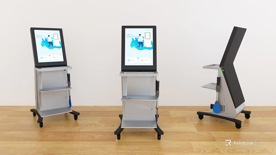 Modern Mobile Commercial Equipment with Display Screens Storage Shelves and Wheels 3d model 