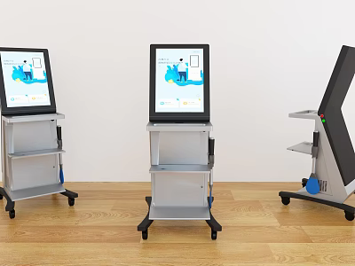 Modern Mobile Commercial Equipment with Display Screens Storage Shelves and Wheels 3d model