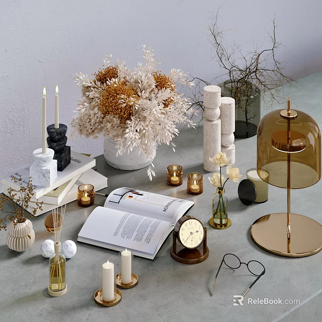 Tabletop Modern Ornamental Decor Set Featuring Dried Flowers Candles Books Table Lamp And Clock 3d model 