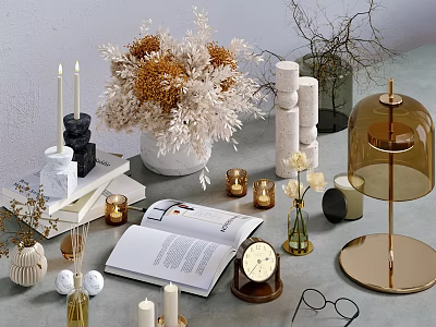 Tabletop Modern Ornamental Decor Set Featuring Dried Flowers Candles Books Table Lamp And Clock 3d model